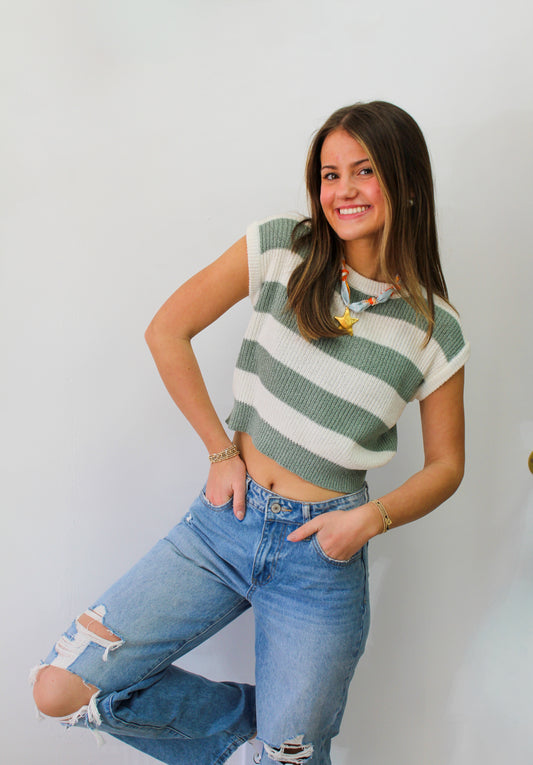 Striped Ribbed Knit Top: SAGE GREEN