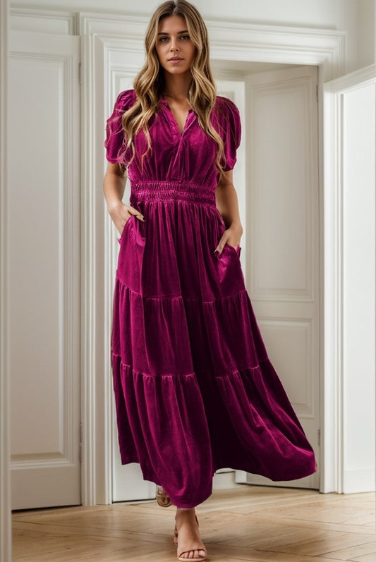 Velvet Shirred Waist Tiered Maxi