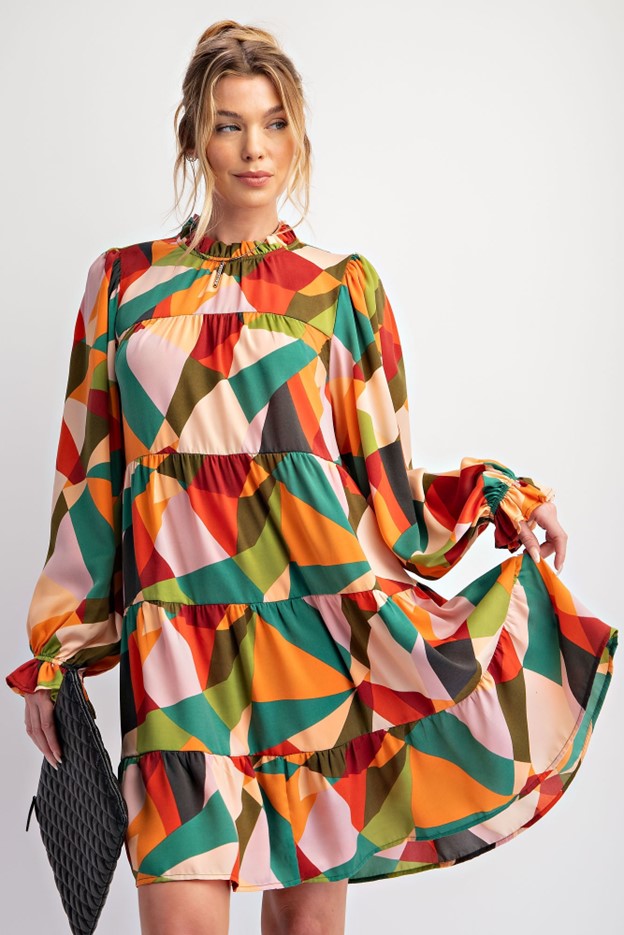 Vibrant Geo Breeze Tiered Dress