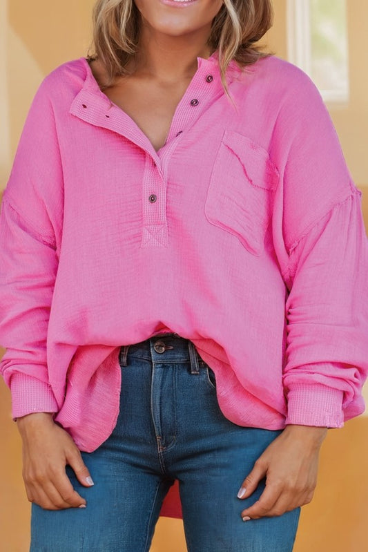 Plus Size-Half Button Pocket Long Sleeve