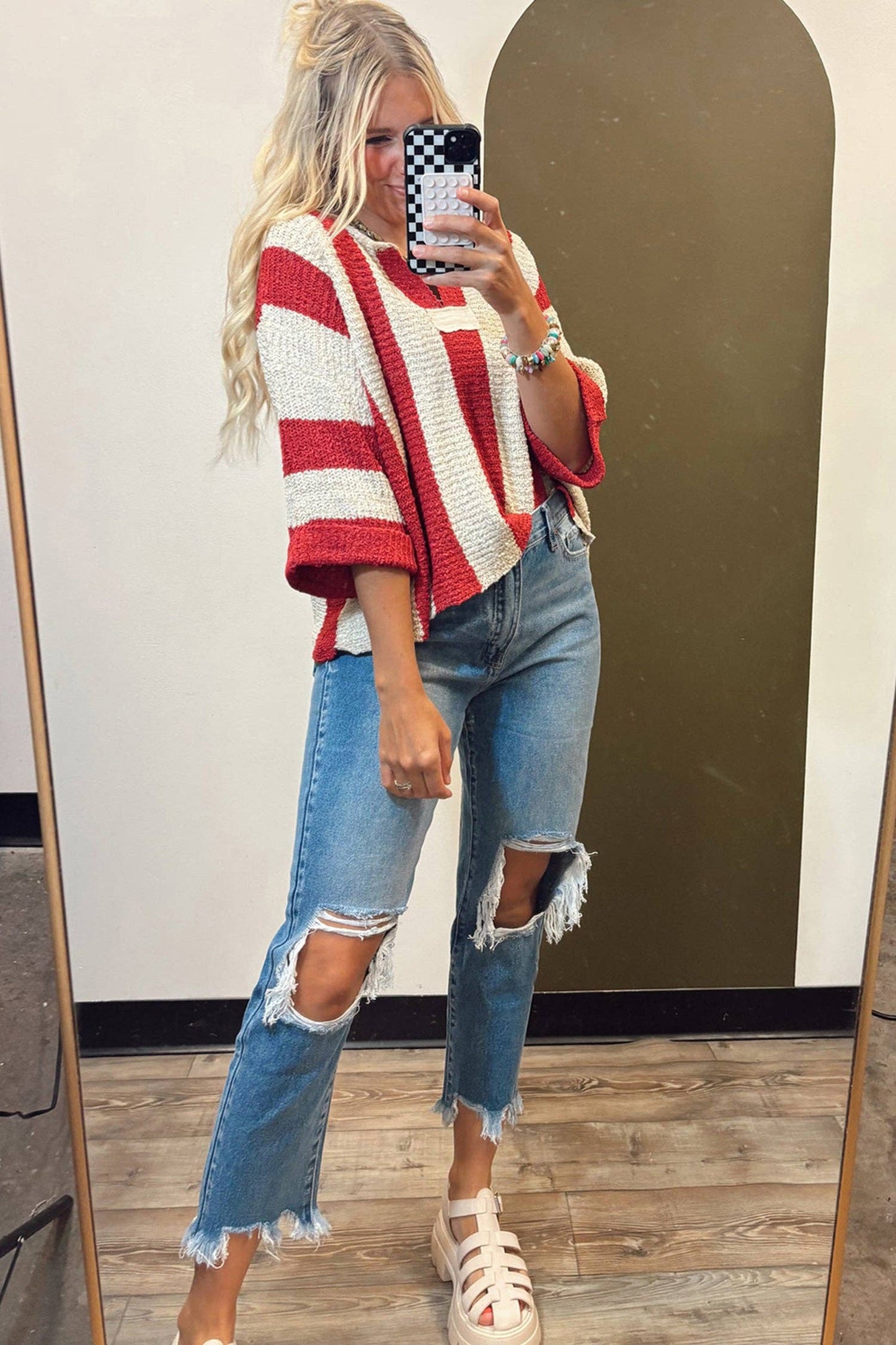 Red Stripe Colorblock V Neck Bracelet Sleeve Sweater: Red Stripe