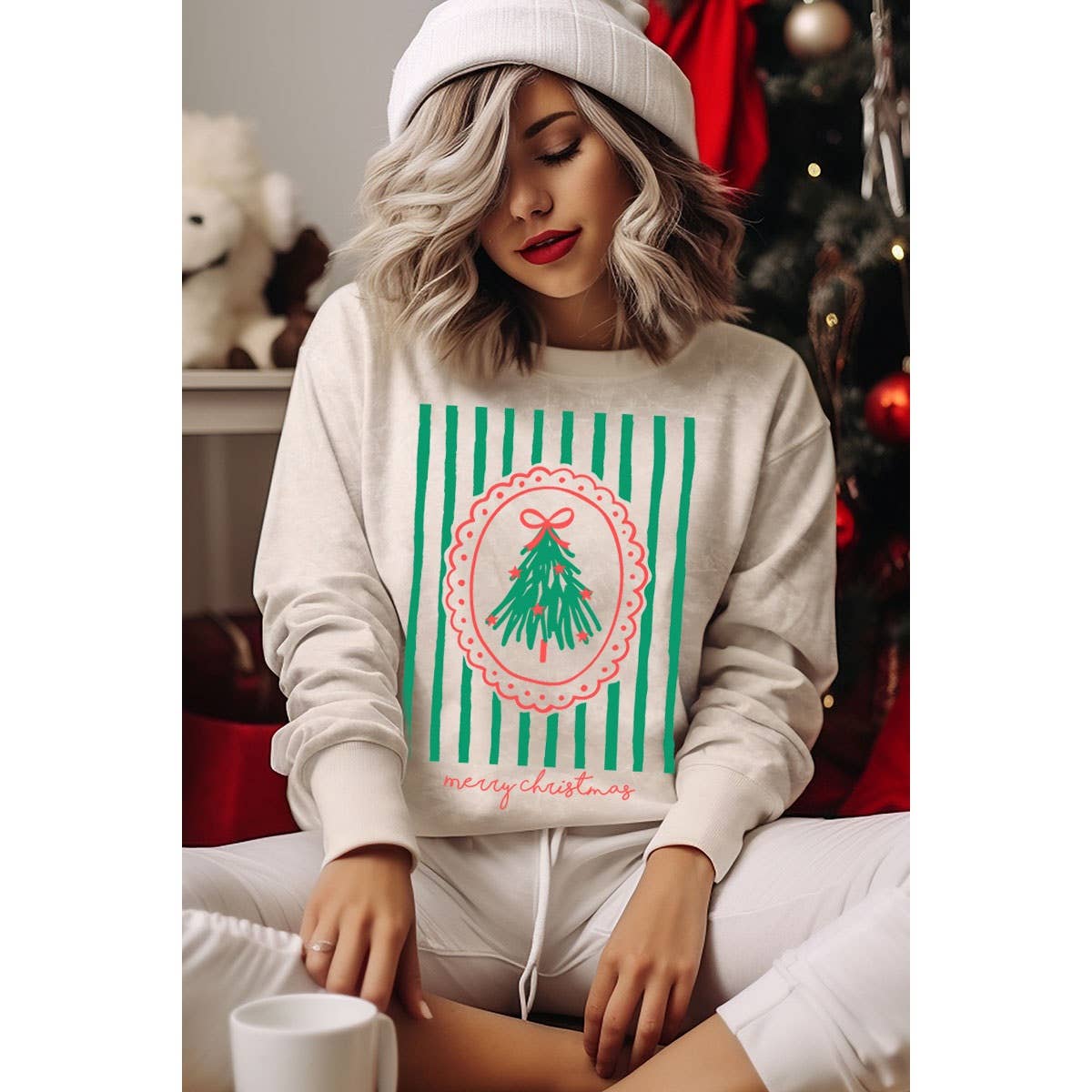 MERRY CHRISTMAS MINERAL GRAPHIC SWEATWHIRTS: White / S-M-L-XL(1-2-2-1)