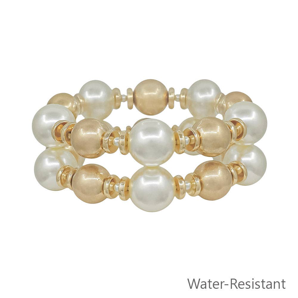 Water Resistant Matte Gold and Pearl Beaded Set of 2 Bracelets
