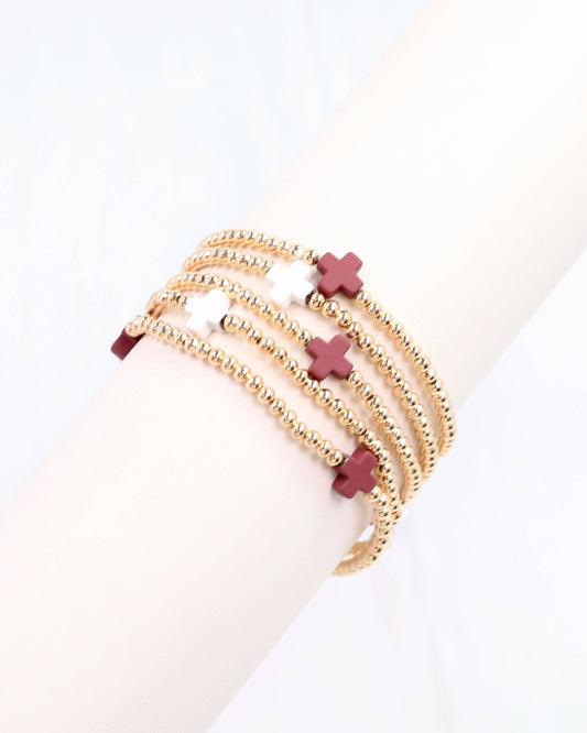 Brittany Cross Bracelet Set Maroon White: Default