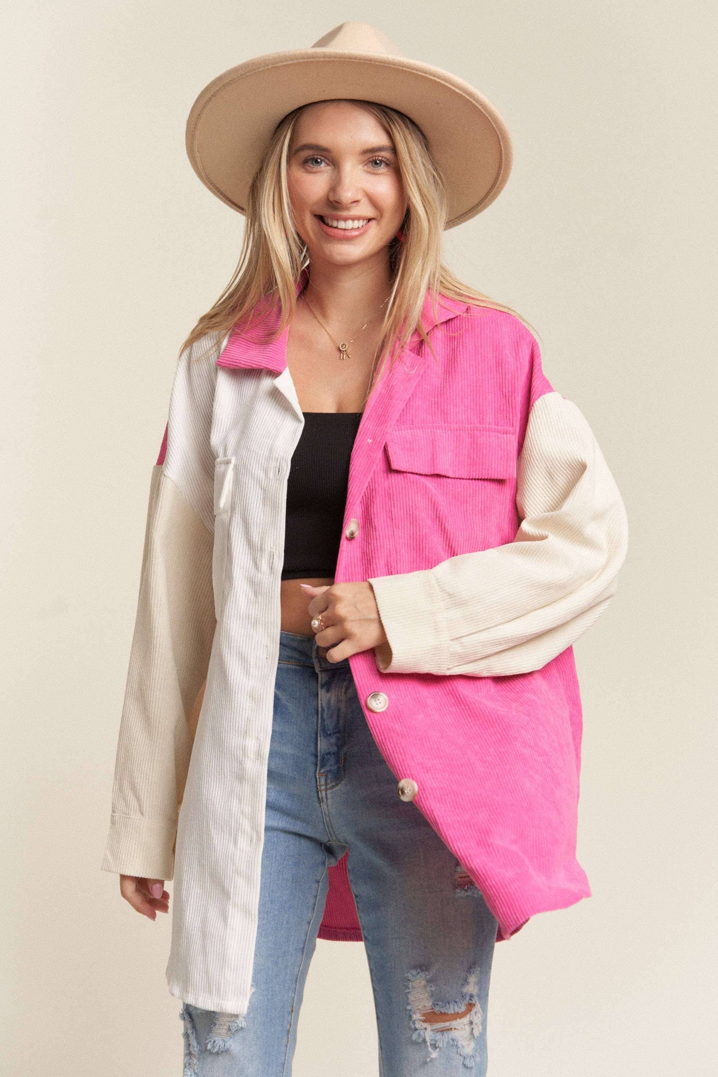 LEJ2636- CORDUROY COLOR BLOCKED SHACKET: WHITE/HOT PINK