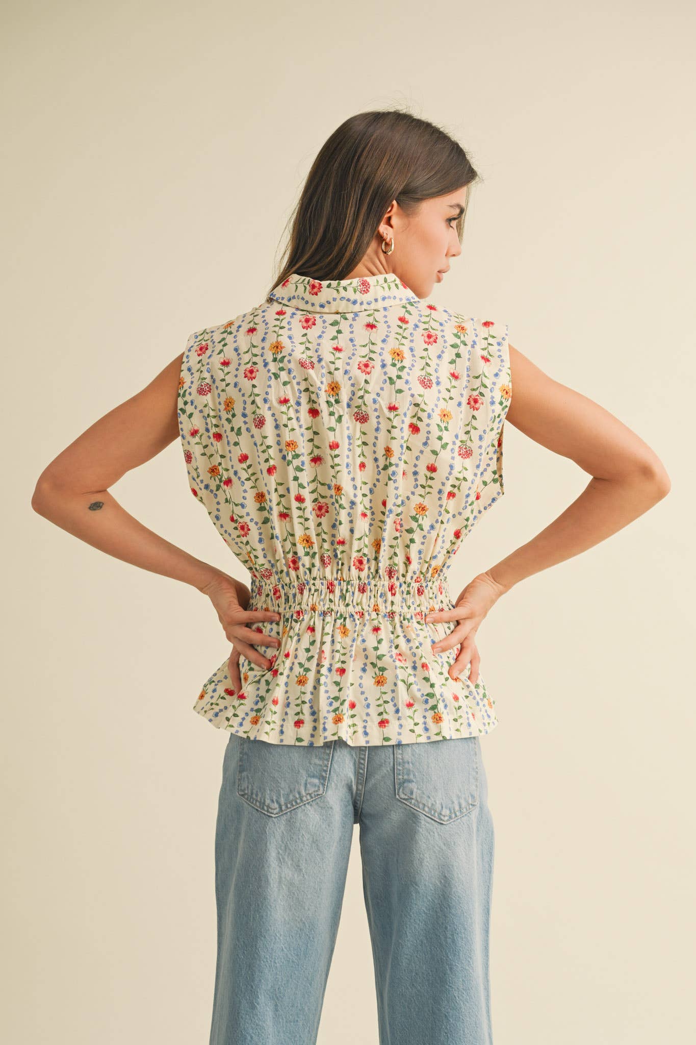 BUTTON DOWN PLEATED WAIST PEPLUM TOP MTP3906: Ivory Multi Floral