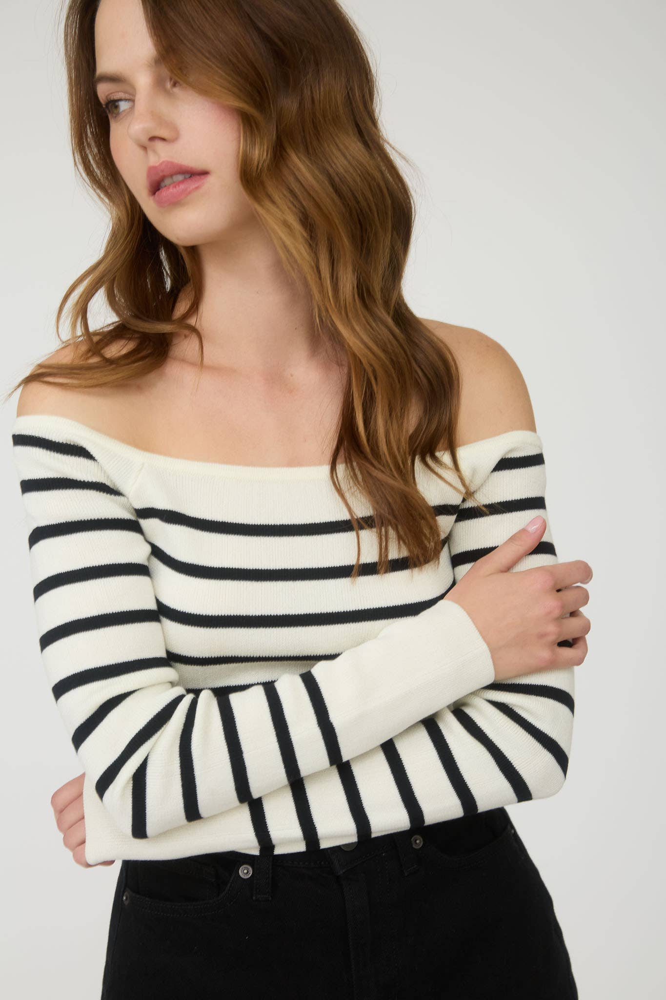 STRIPE OFF THE SHOULDER LONG SLEEVE KNIT SWEATER: IVORY