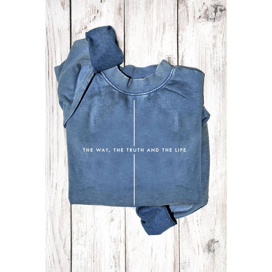 THE WAY THE TRUTH THE LIFE MINERAL GRAPHIC SWEATWHIRTS: MINERAL DENIM BLUE