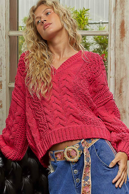 V-neck semi cropped top in chenille sweater
