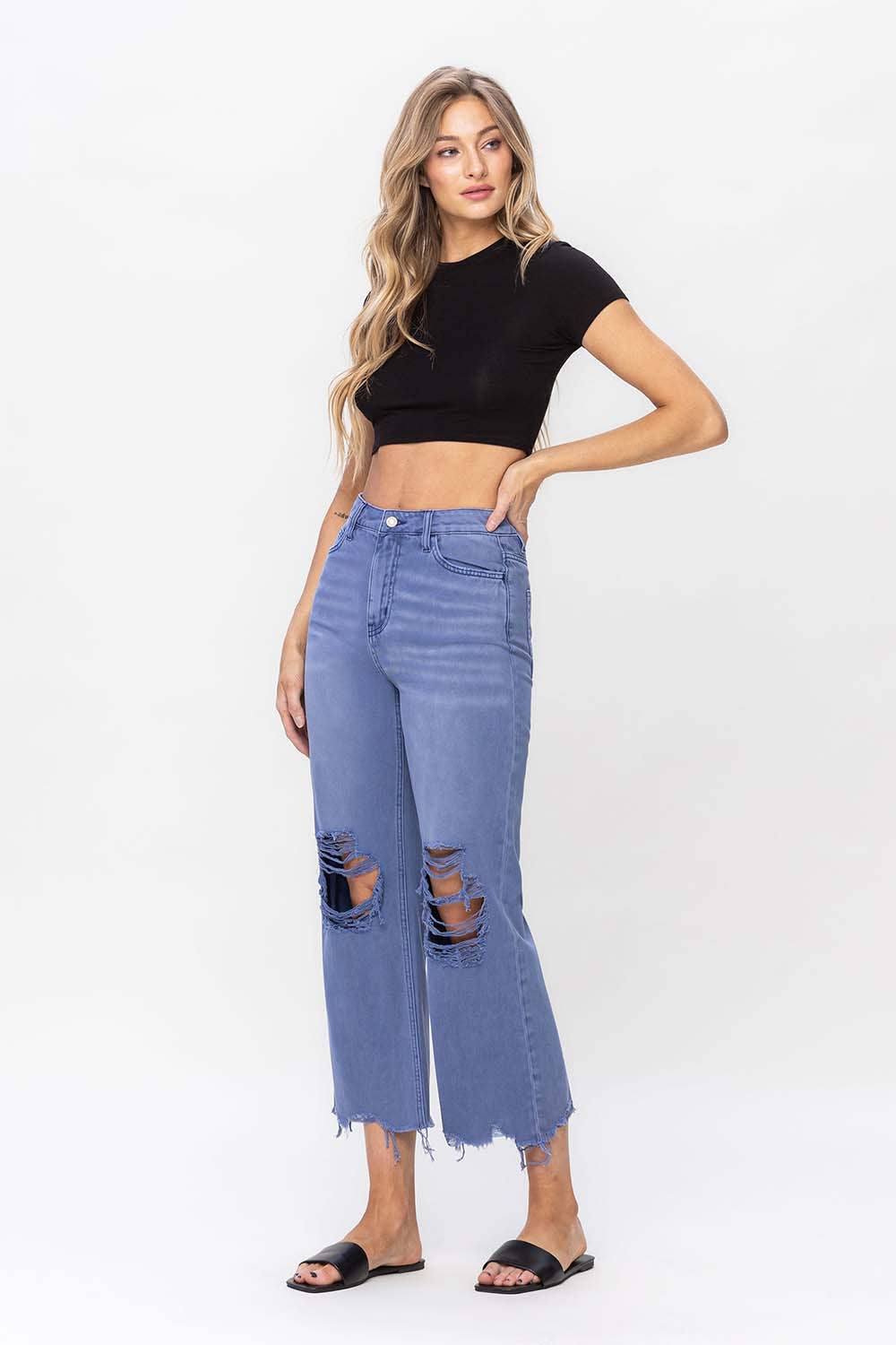 90'S VINTAGE SUPER HIGH RISE CROP FLARE JEANS: INDIGO