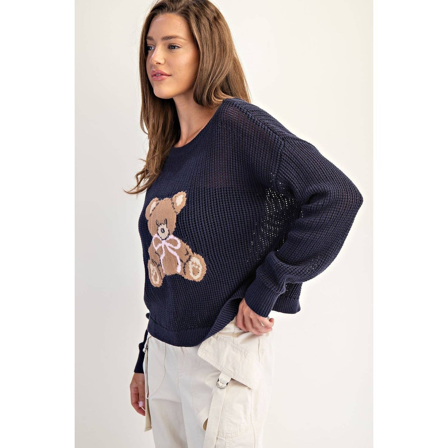 Teddy Bear Knit Sweater Top: NAVY