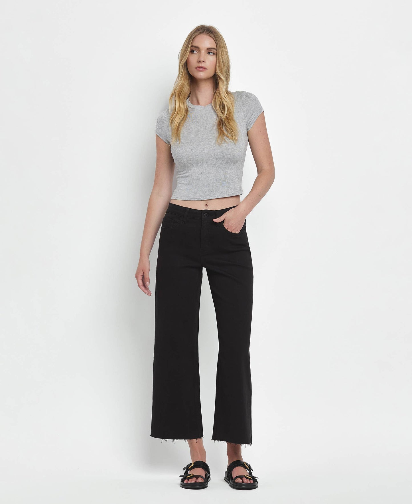 HIGH RISE CROP WIDE LEG JEANS T5894BK: Black