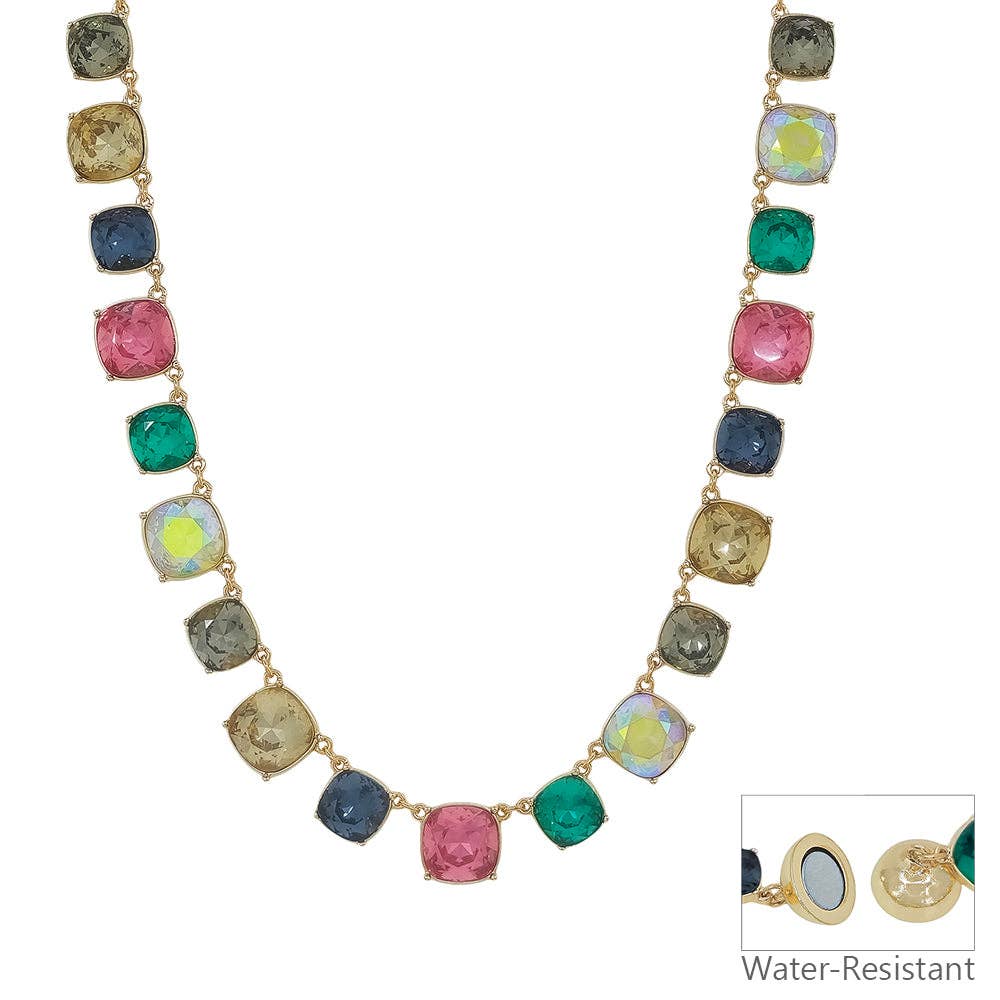 Water Resistant Multi Crystal Square Statement Necklace