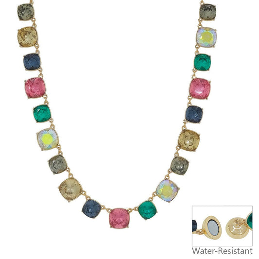 Water Resistant Multi Crystal Square Statement Necklace
