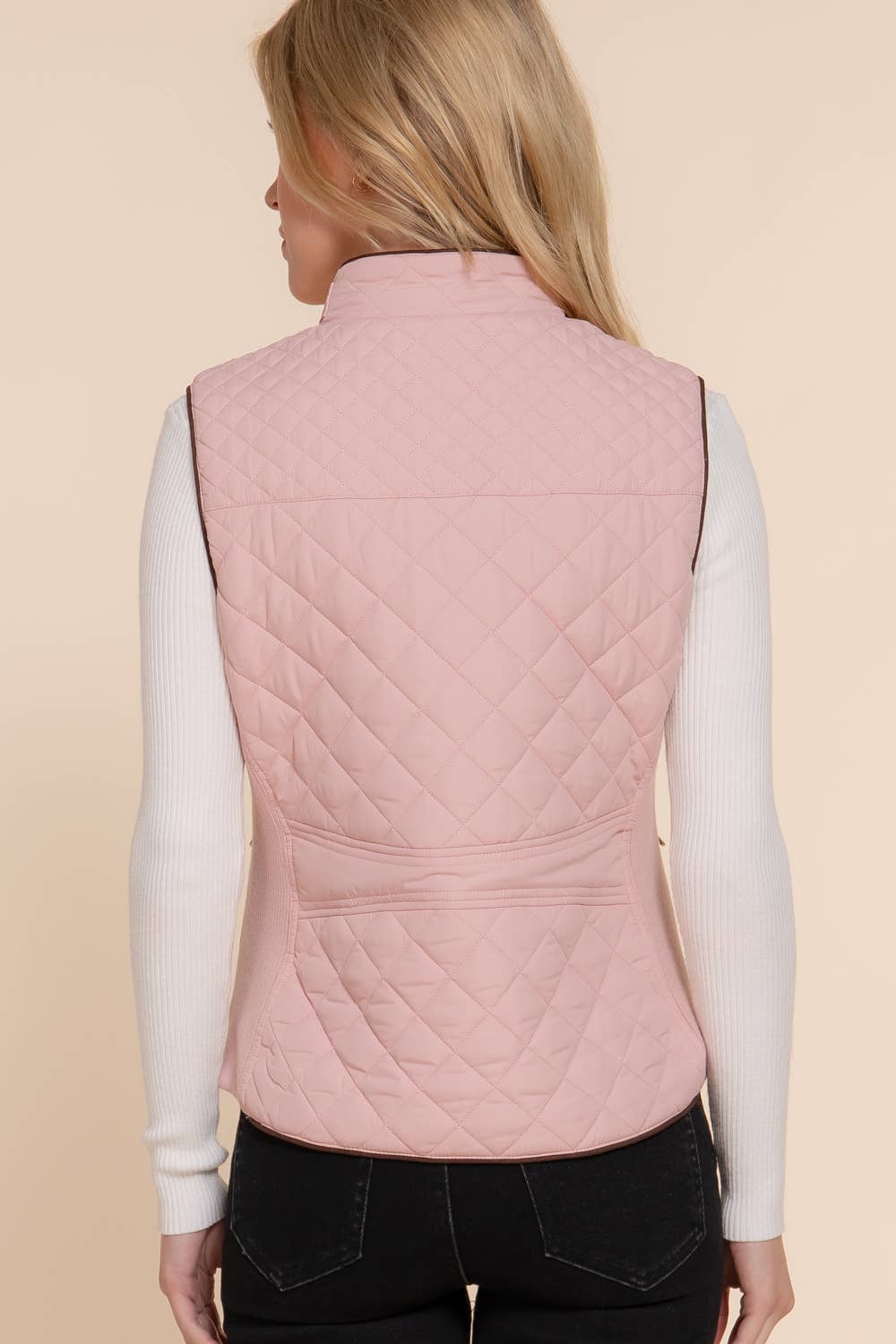 Suede Piping Detail Rib Quilted Padding Vest: PNK-beige pink