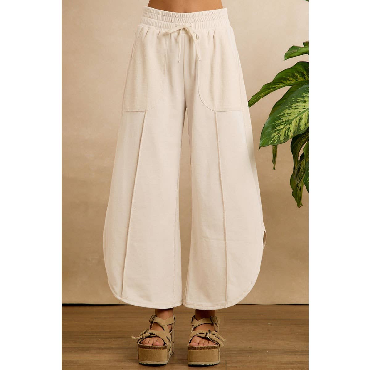 PreOrder Oct 9-FRENCH TERRY OUT SEAM DETAIL TULIP HEM PANTS: IVORY