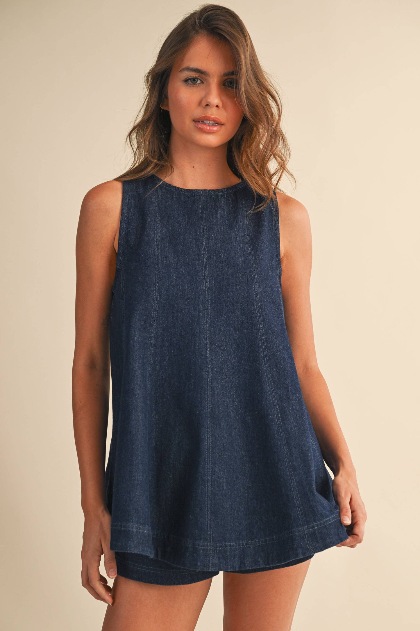IST6095 DENIM LONGLINE SLEEVELESS TOP AND SHORTS SET: DK DENIM
