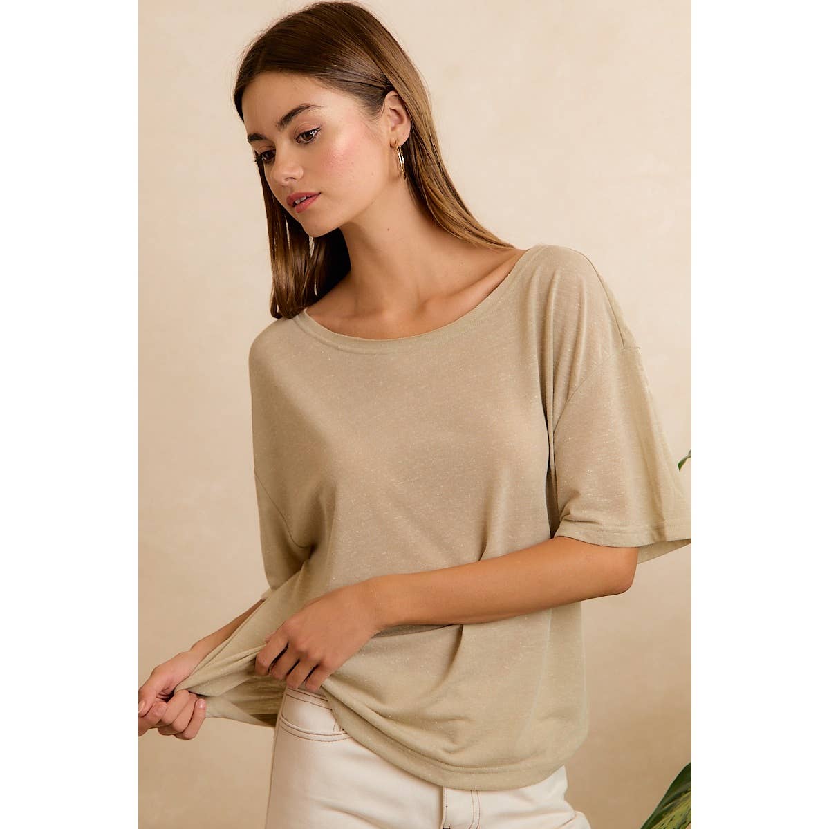 SOLID JERSEY RELAXED FIT SHORT SLEEVES POCKET TOP: LATTE / L