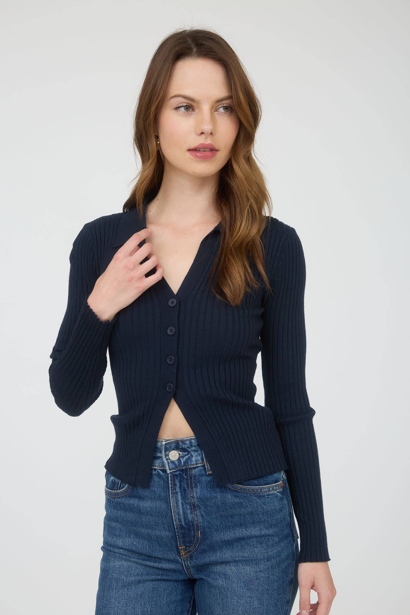 COLLARED BUTTON FRONT LONG SLEEVE SWEATER KNIT TOP: NAVY