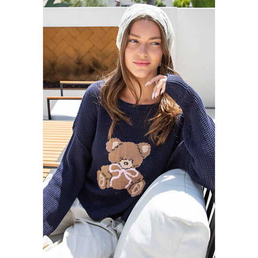 Teddy Bear Knit Sweater Top: NAVY