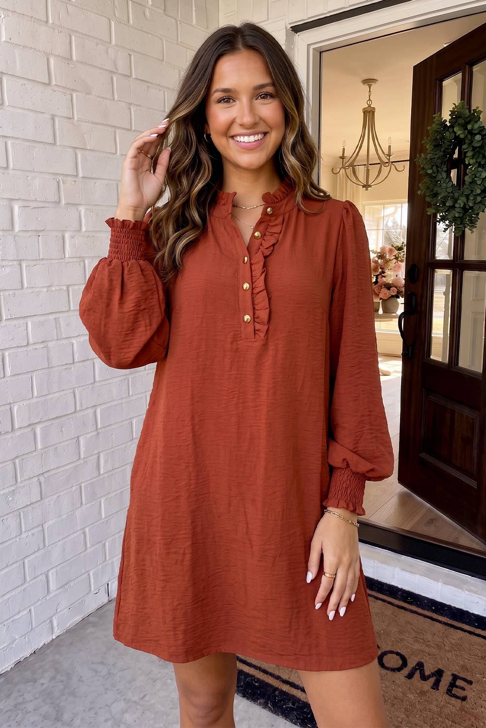 PreOrder 09/30-Solid Ruffle Trim Bubble Sleeve Shift Mini Dress-Coffee