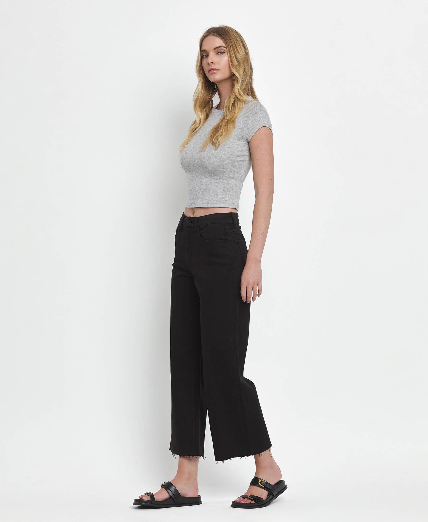 HIGH RISE CROP WIDE LEG JEANS T5894BK: Black