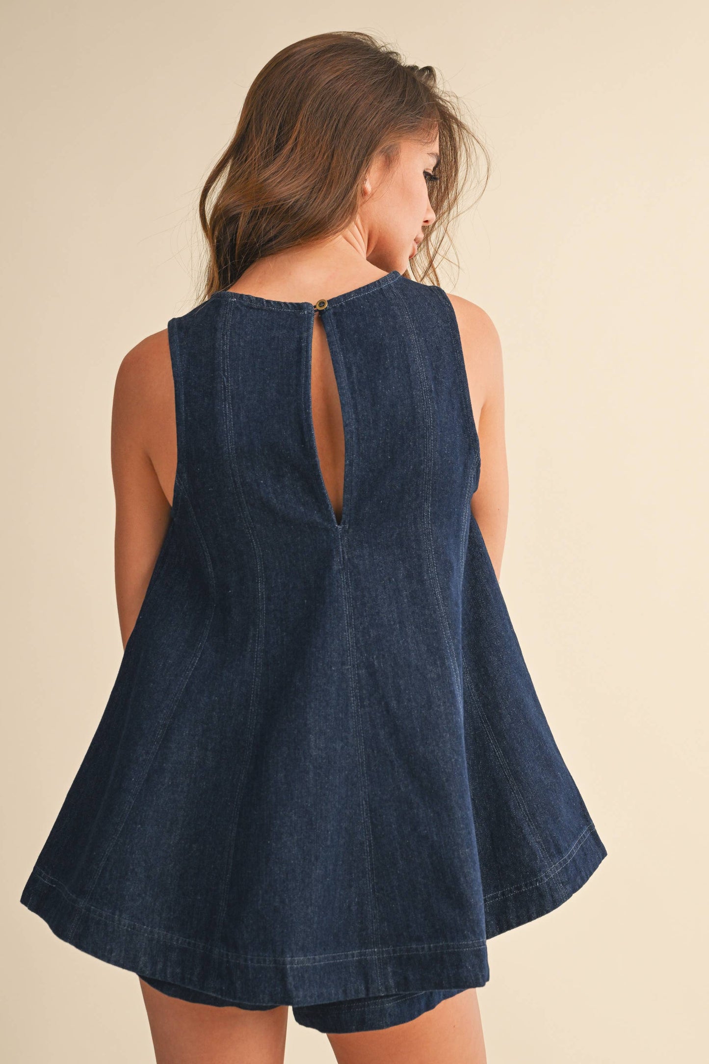 IST6095 DENIM LONGLINE SLEEVELESS TOP AND SHORTS SET: DK DENIM