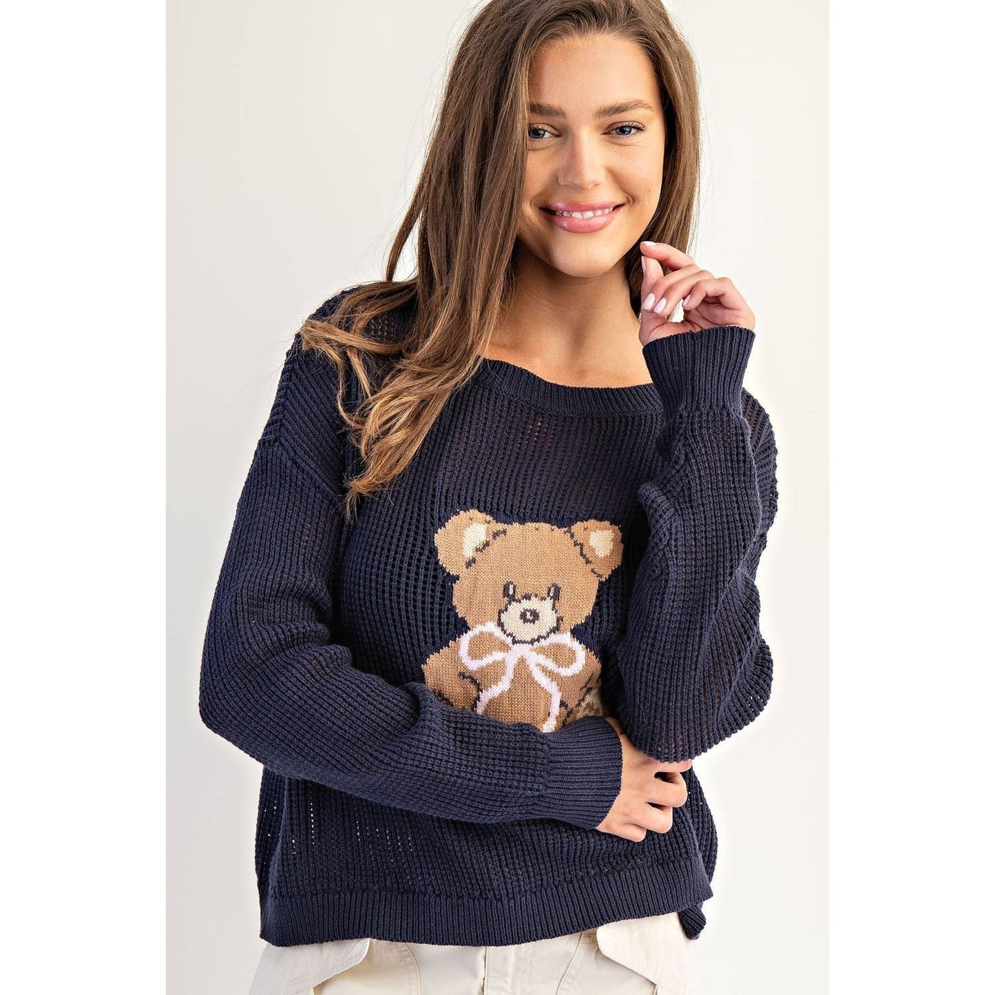 Teddy Bear Knit Sweater Top: NAVY
