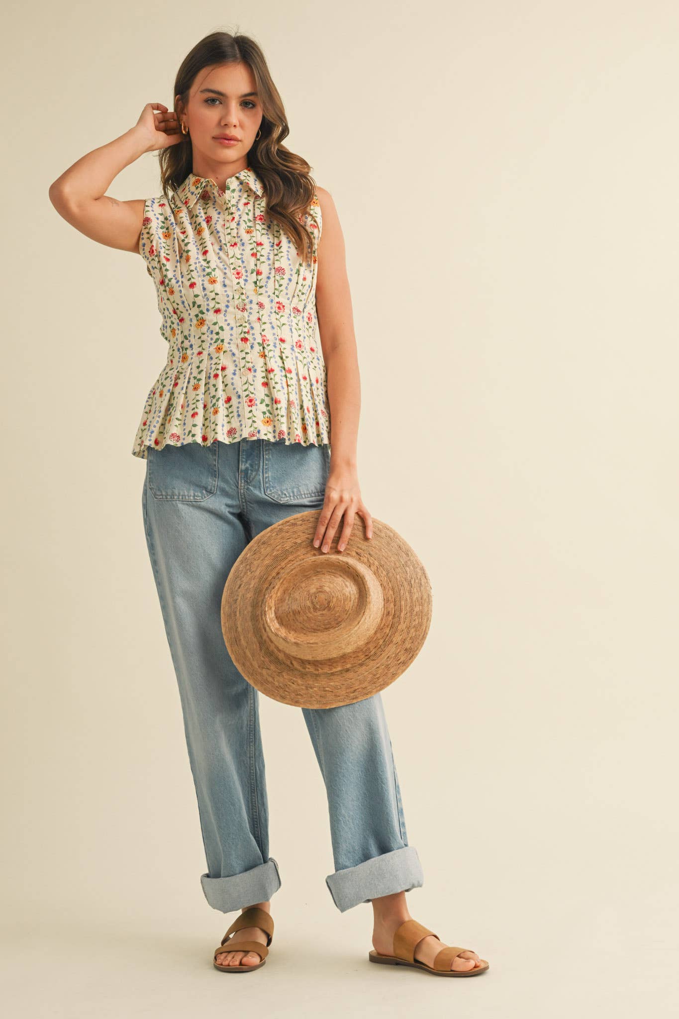 BUTTON DOWN PLEATED WAIST PEPLUM TOP MTP3906: Ivory Multi Floral