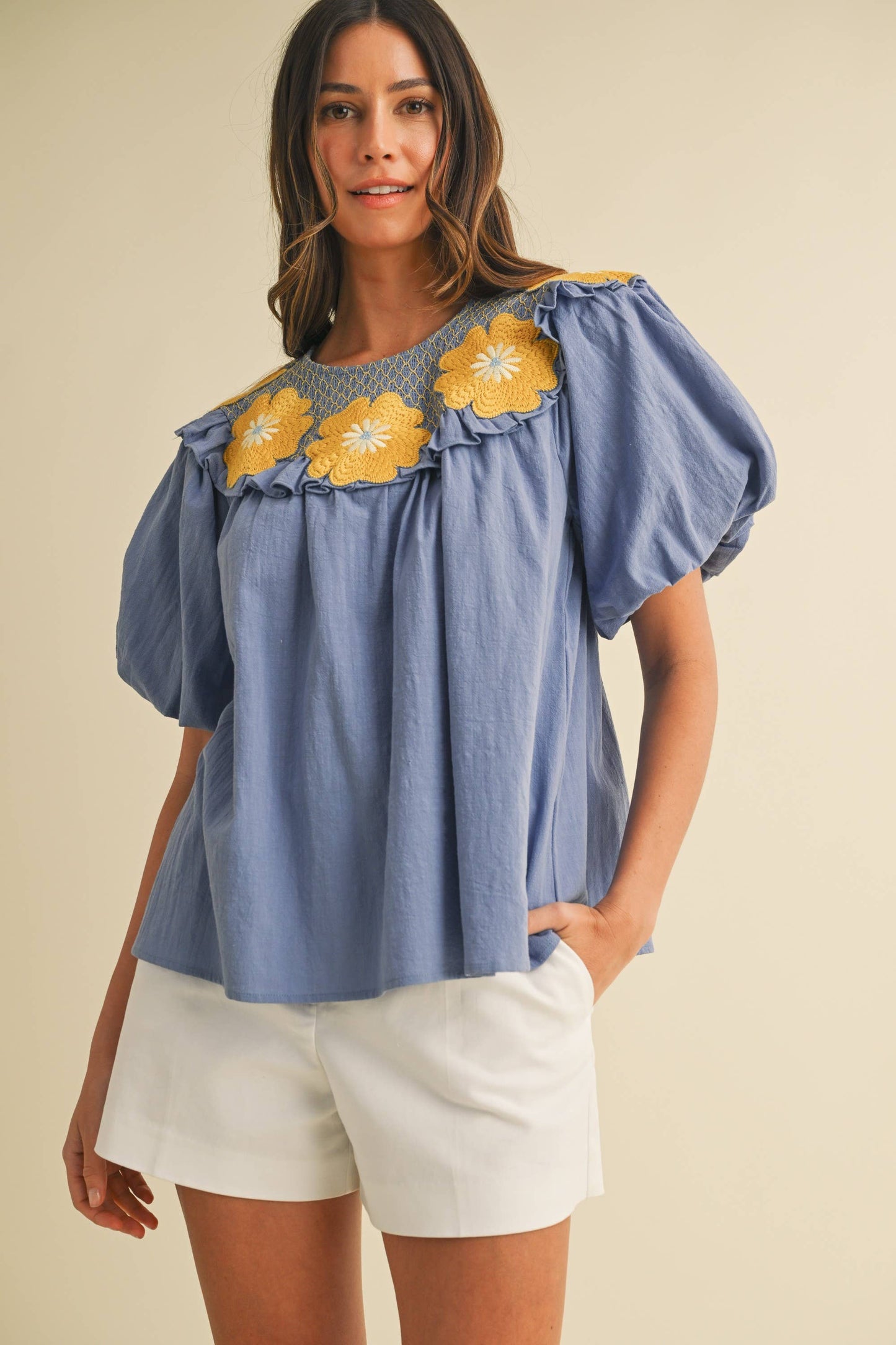 Floral Embroidered Smocking Detail Woven Blouse: DENIM BLUE/GOLD