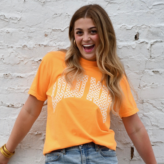 LM-Checkered Adult Bright Orange Comfort Colors Tee: Bright Orange