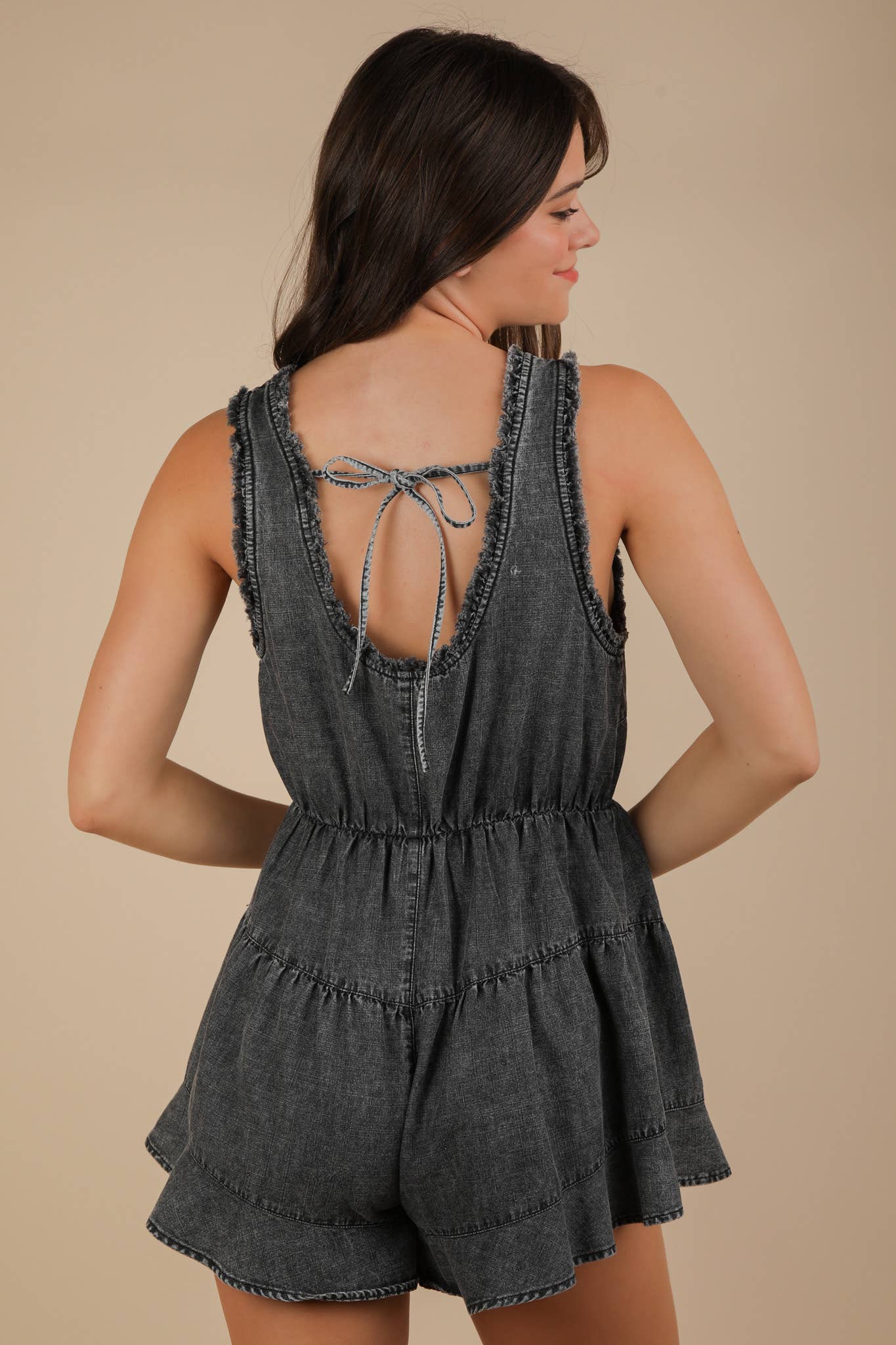 NP70788-Washed Chambray Denim Frayed Romper