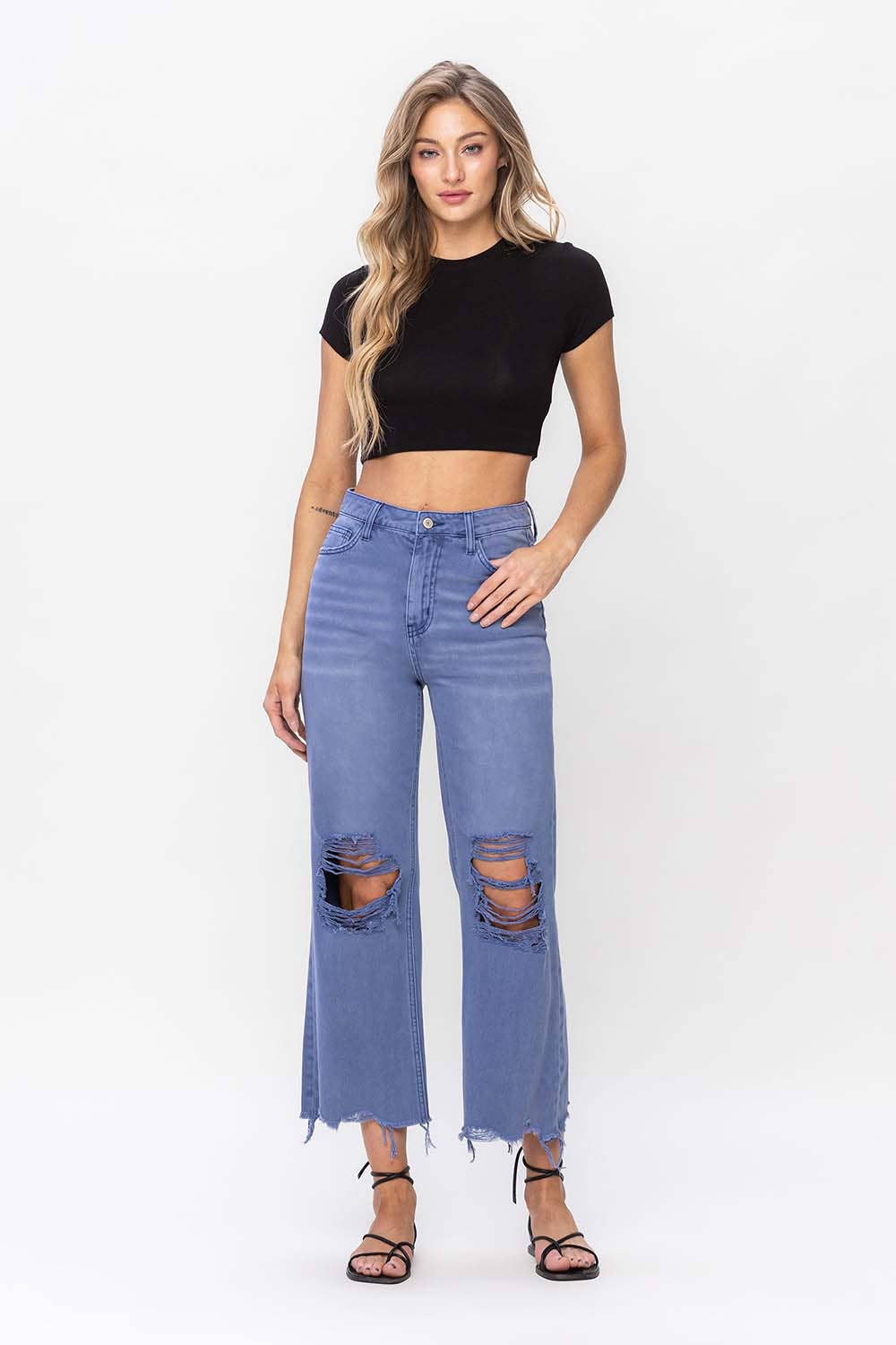 90'S VINTAGE SUPER HIGH RISE CROP FLARE JEANS: INDIGO