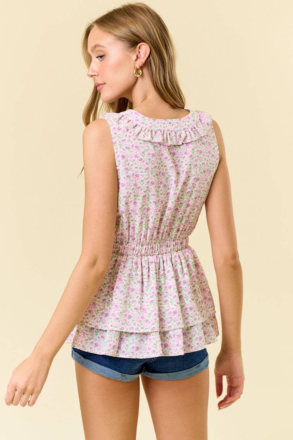V-NECKLINE SLEEVELESS ELASTIC WAIST TIERED TOP