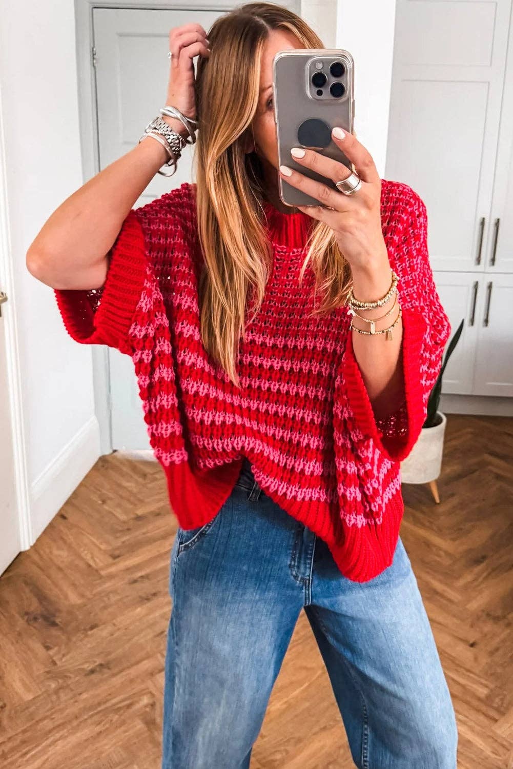 Red Striped Slouchy Knit Sweater with 3/4 Draped Sleeves: Red Stripe / 100%Acrylic
