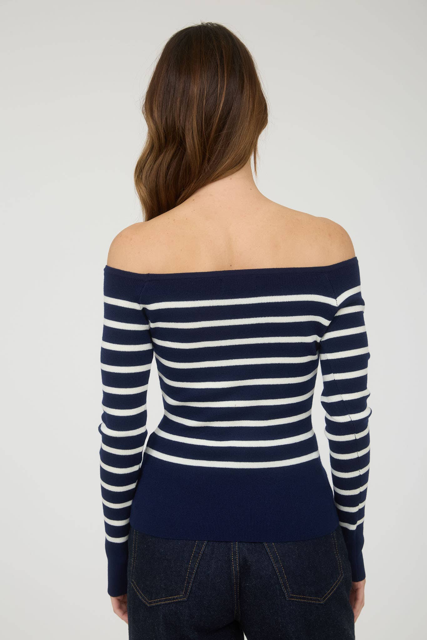 STRIPE OFF THE SHOULDER LONG SLEEVE KNIT SWEATER: IVORY