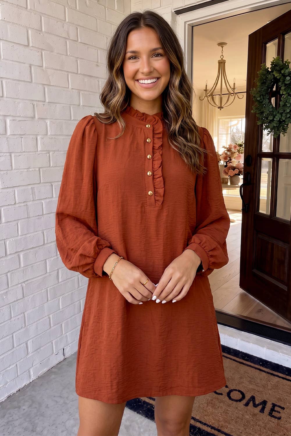 PreOrder 09/30-Solid Ruffle Trim Bubble Sleeve Shift Mini Dress-Coffee