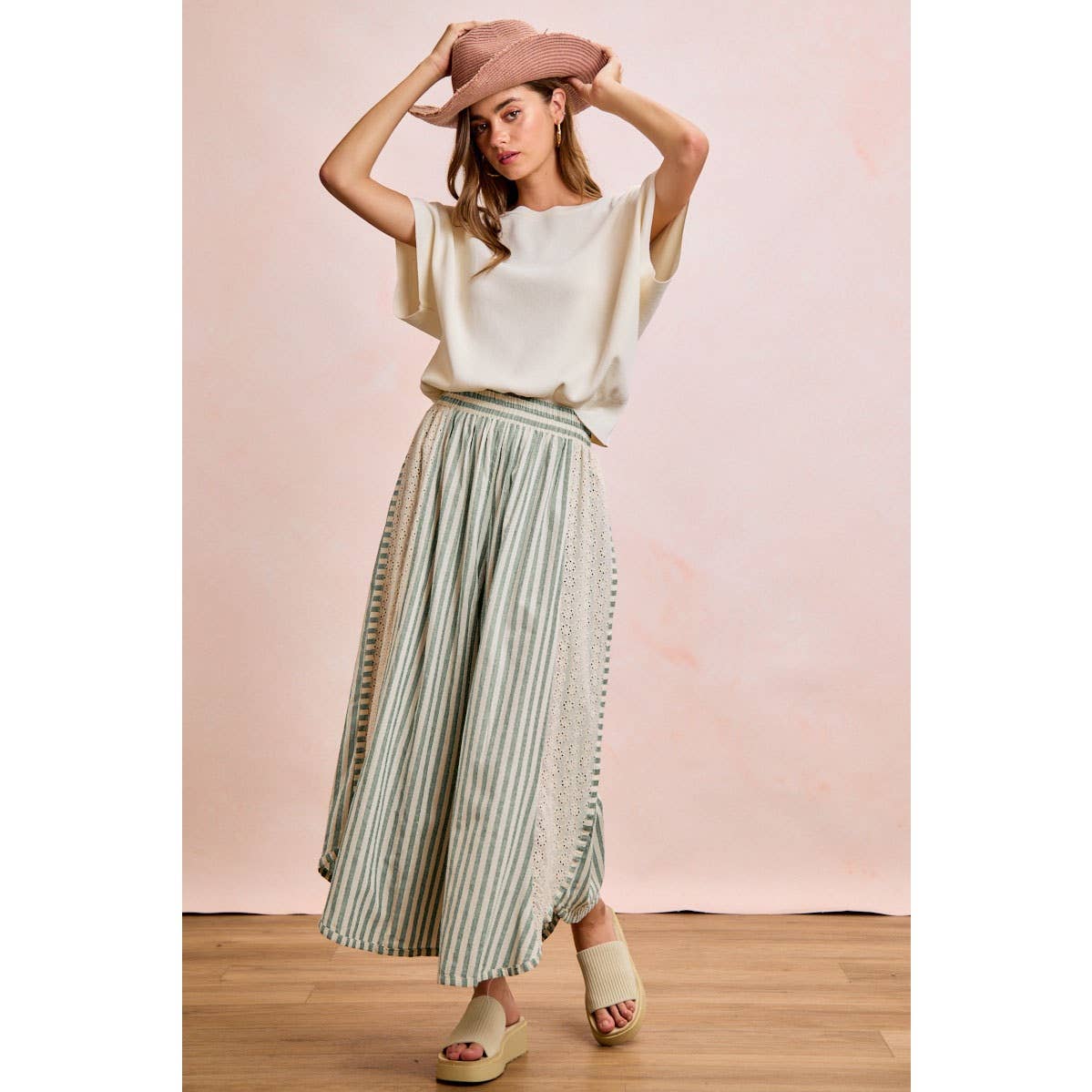 FLORAL EYELET SIDE ELASTIC STRIPES WIDE LEG PANTS: LIGHT PINK