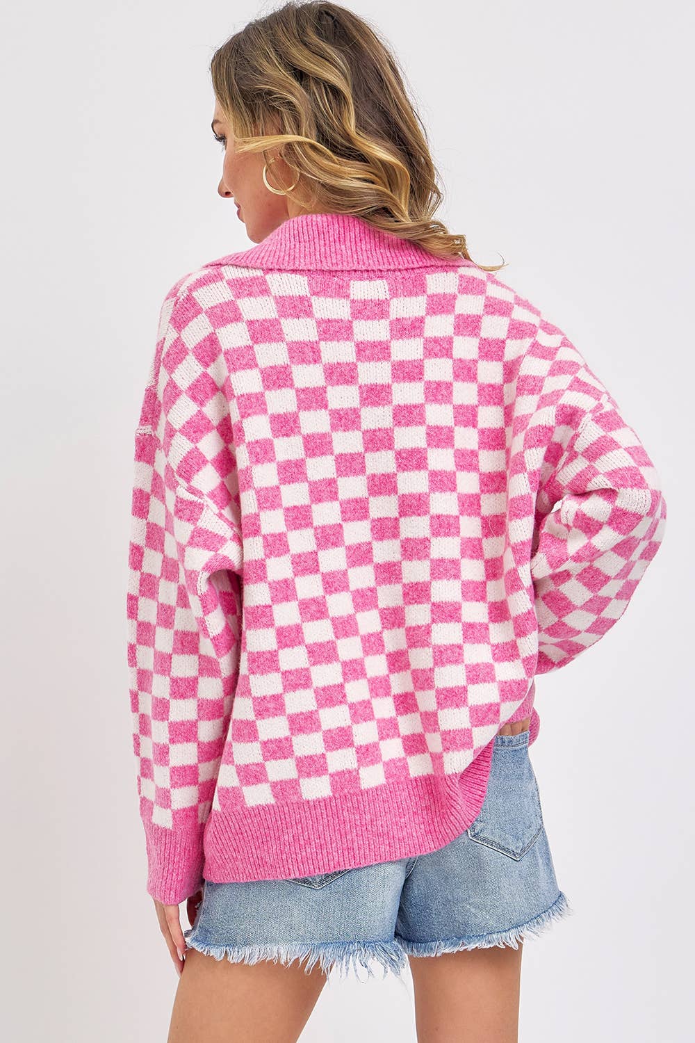 PLAID HALF BUTTONED COLLARED SWEATER: Pink / Contemporary / S