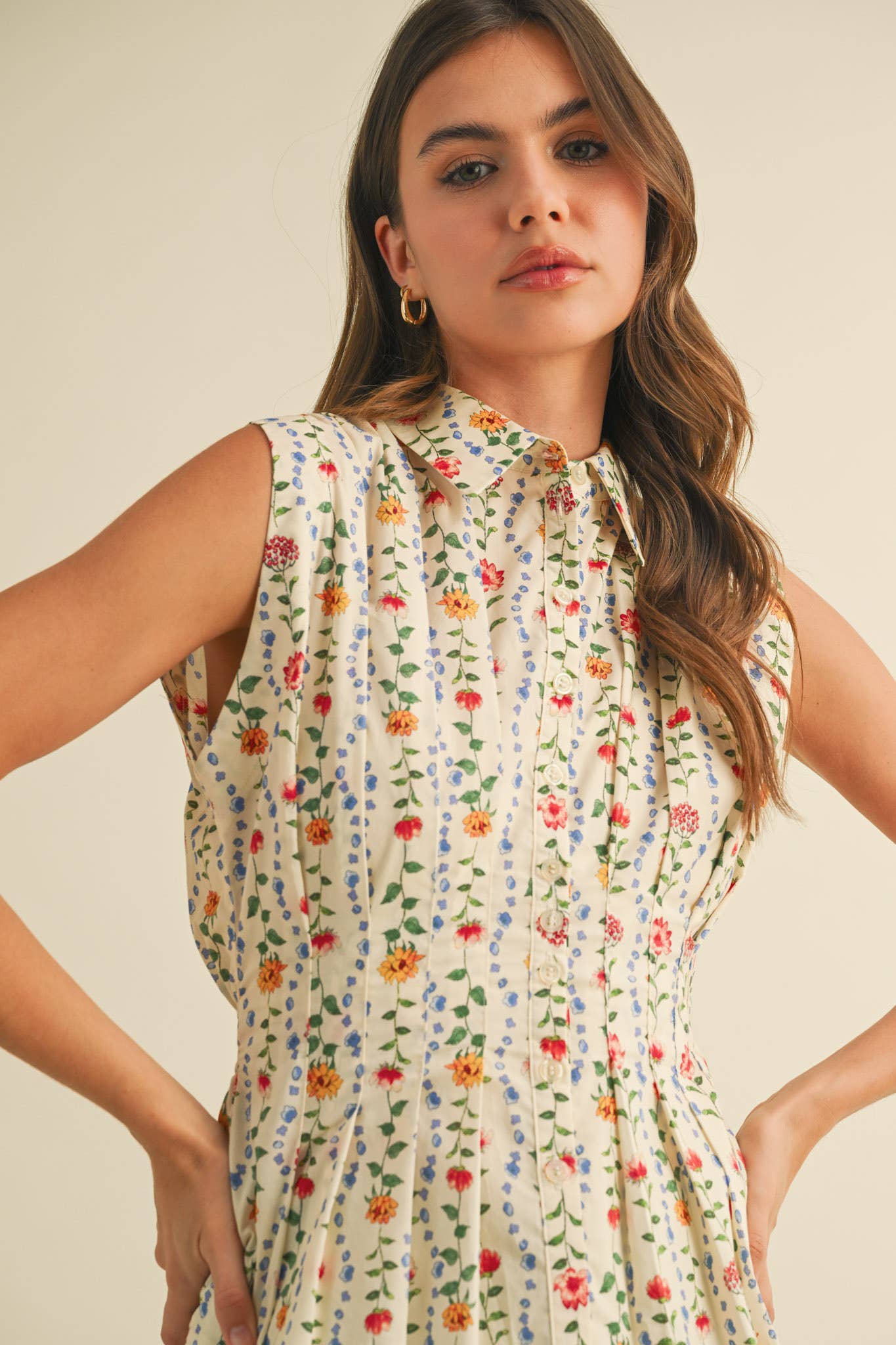 BUTTON DOWN PLEATED WAIST PEPLUM TOP MTP3906: Ivory Multi Floral