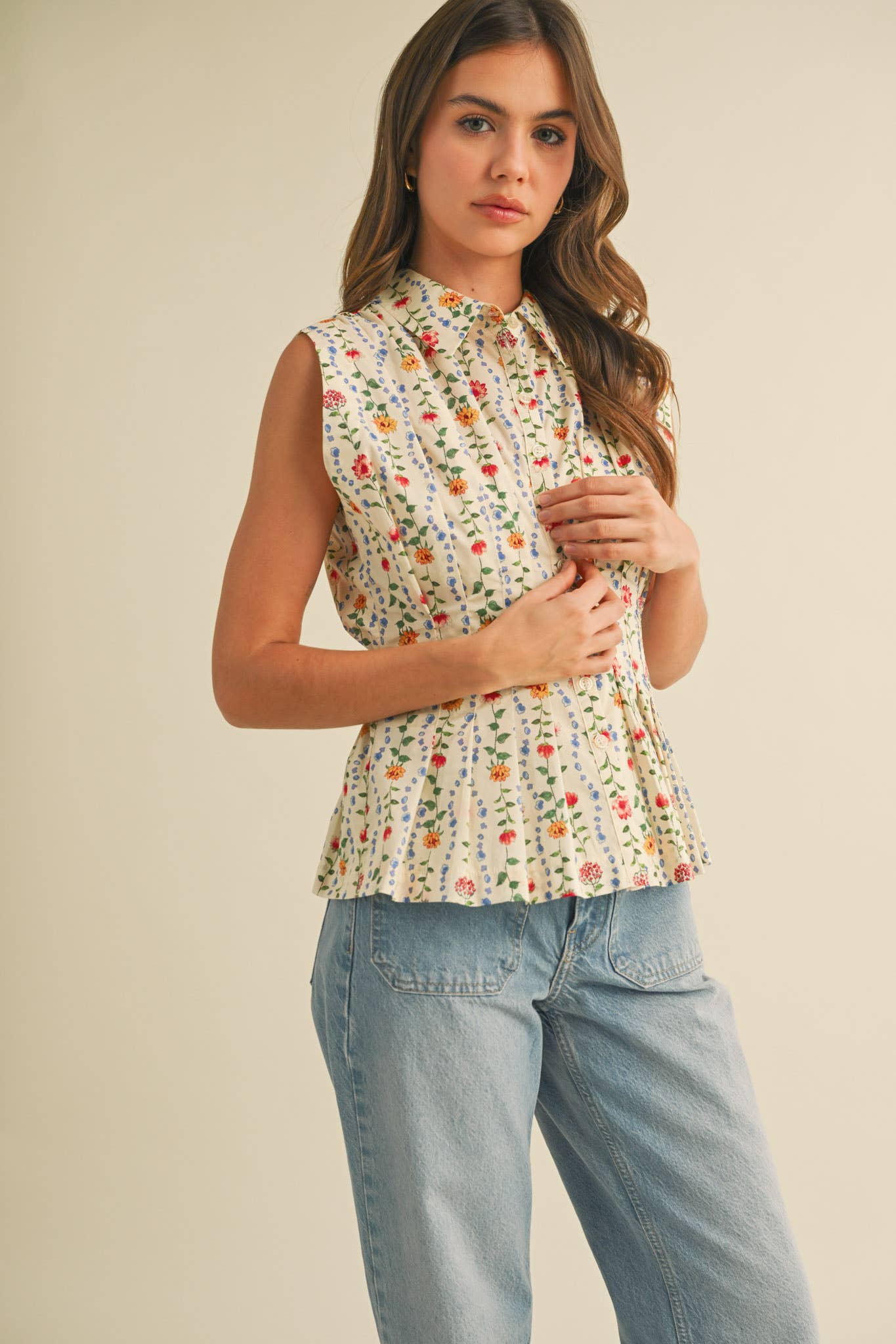 BUTTON DOWN PLEATED WAIST PEPLUM TOP MTP3906: Ivory Multi Floral