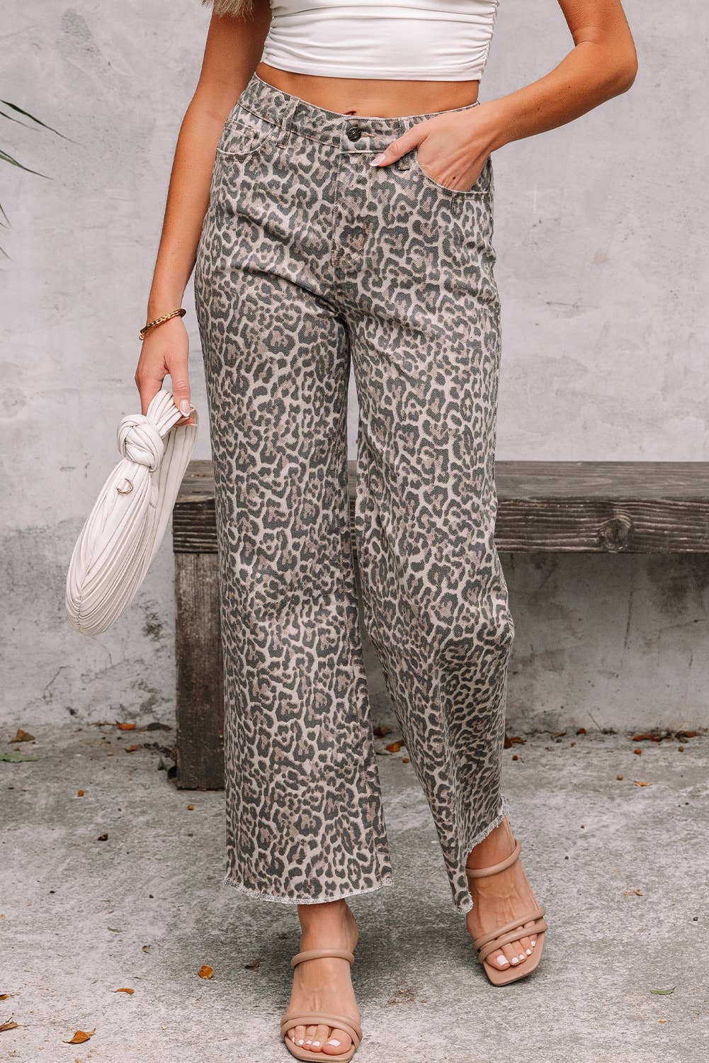 Elenia | Leopard Frayed Edge Wide Leg High Waist Jeans