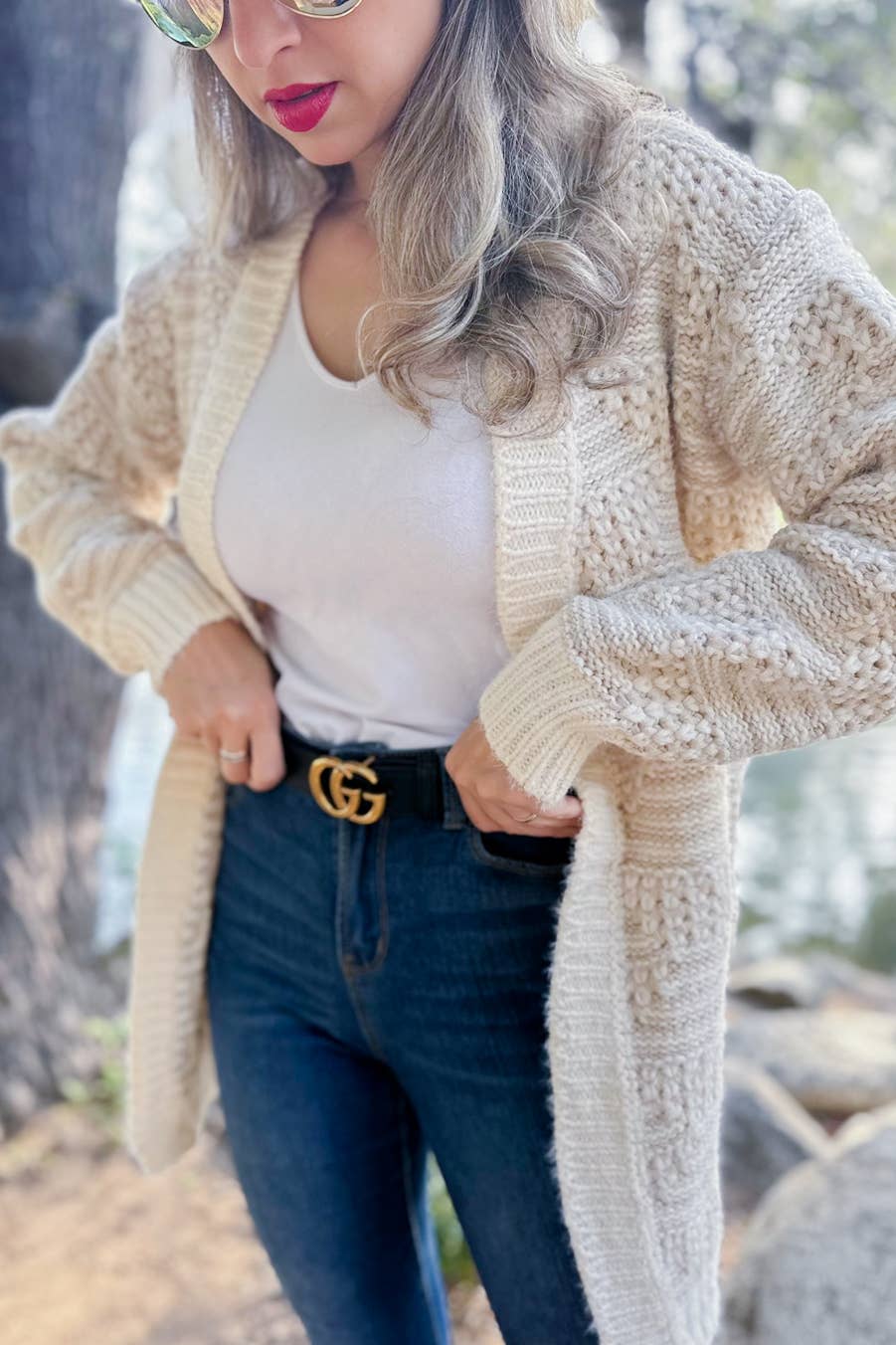 Two Tone Textured Open Front Long Sleeve Knit Cozy Cardigan: Beige Ivory / One Size
