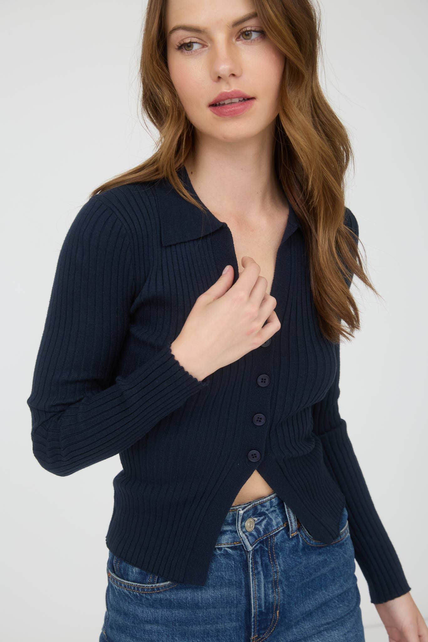 COLLARED BUTTON FRONT LONG SLEEVE SWEATER KNIT TOP: NAVY