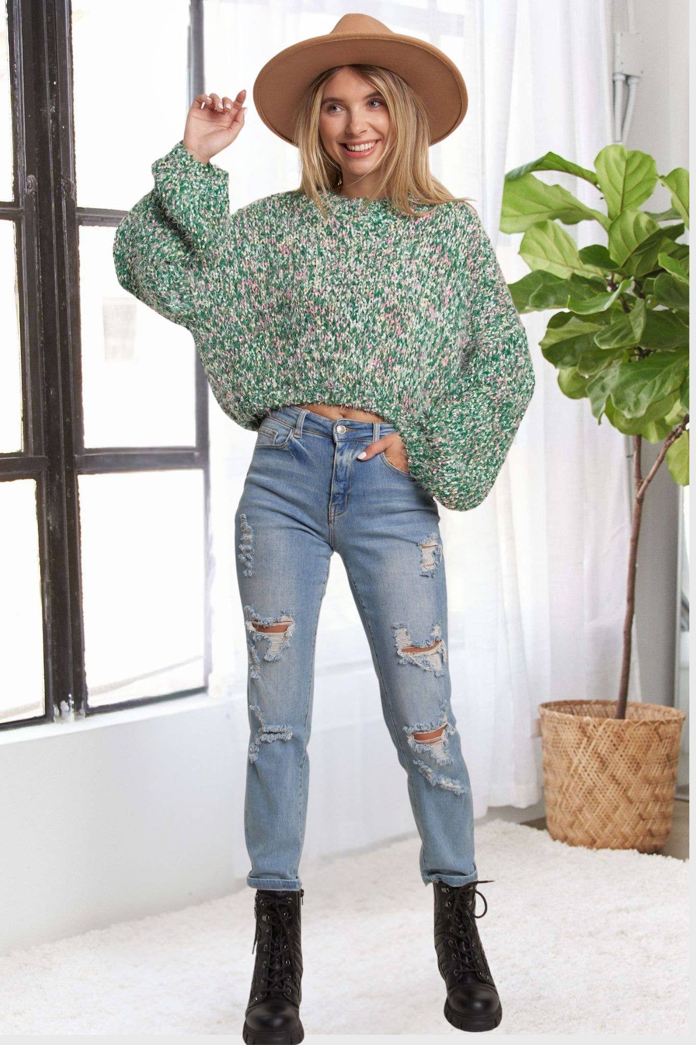 MULTI POPCORN TEXTURED SWEATER TOP: GREEN / S/M-M/L(3-3)