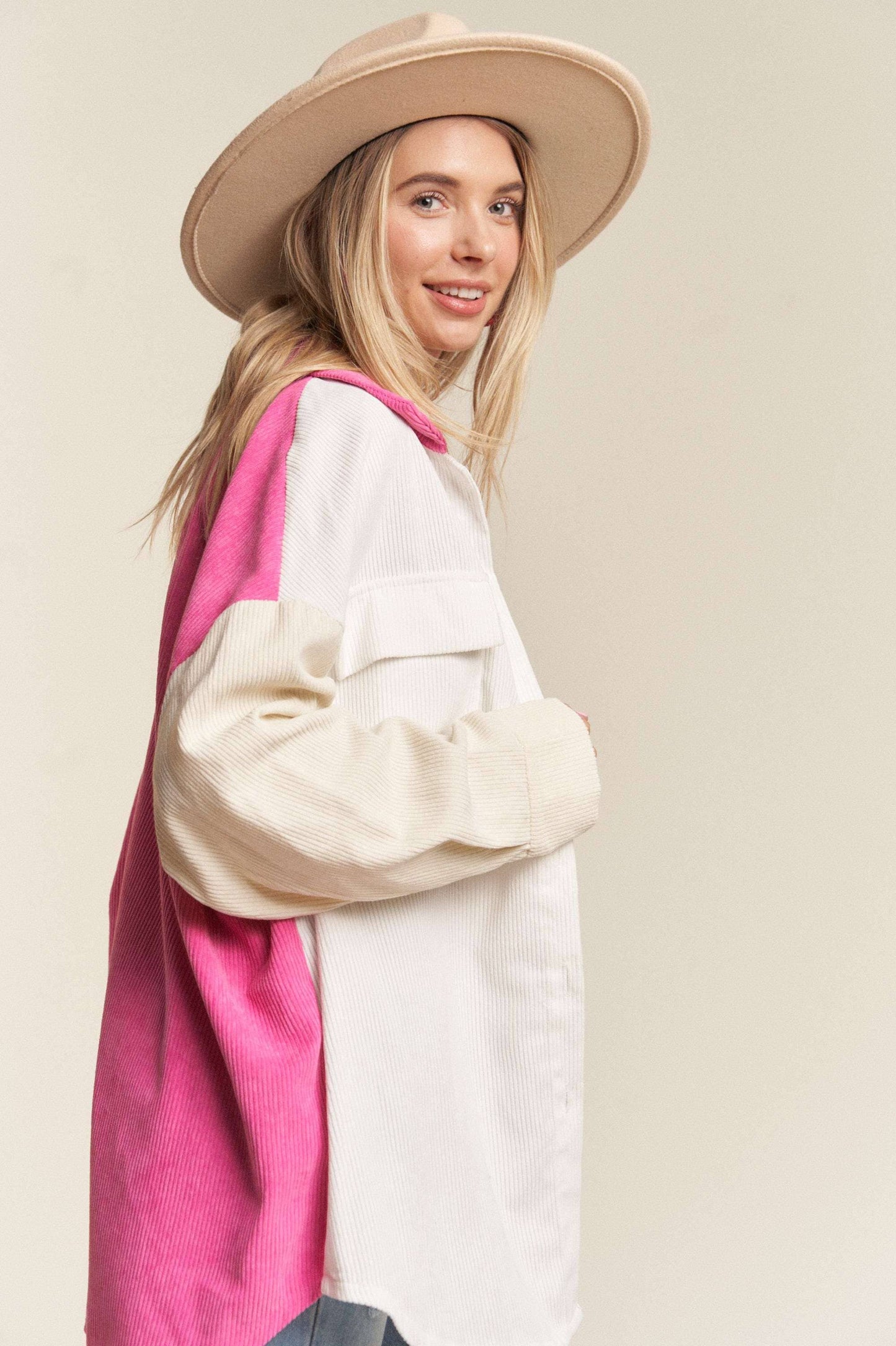 LEJ2636- CORDUROY COLOR BLOCKED SHACKET: WHITE/HOT PINK