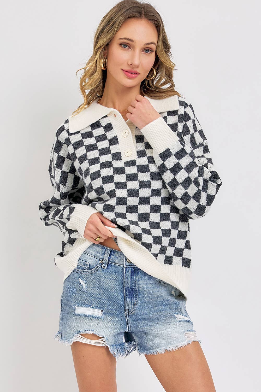 PLAID HALF BUTTONED COLLARED SWEATER: Pink / Contemporary / M