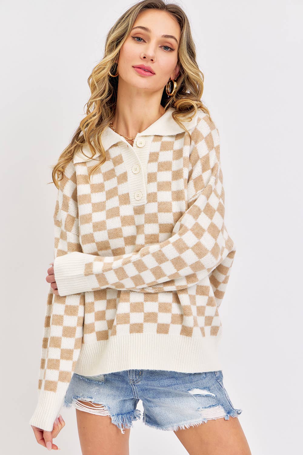 PLAID HALF BUTTONED COLLARED SWEATER: Pink / Contemporary / S