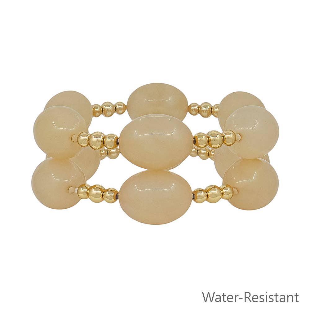 Water Resistant Acrylic Natural Oval and Gold Beaded Set of 2 Stretch Bracelet