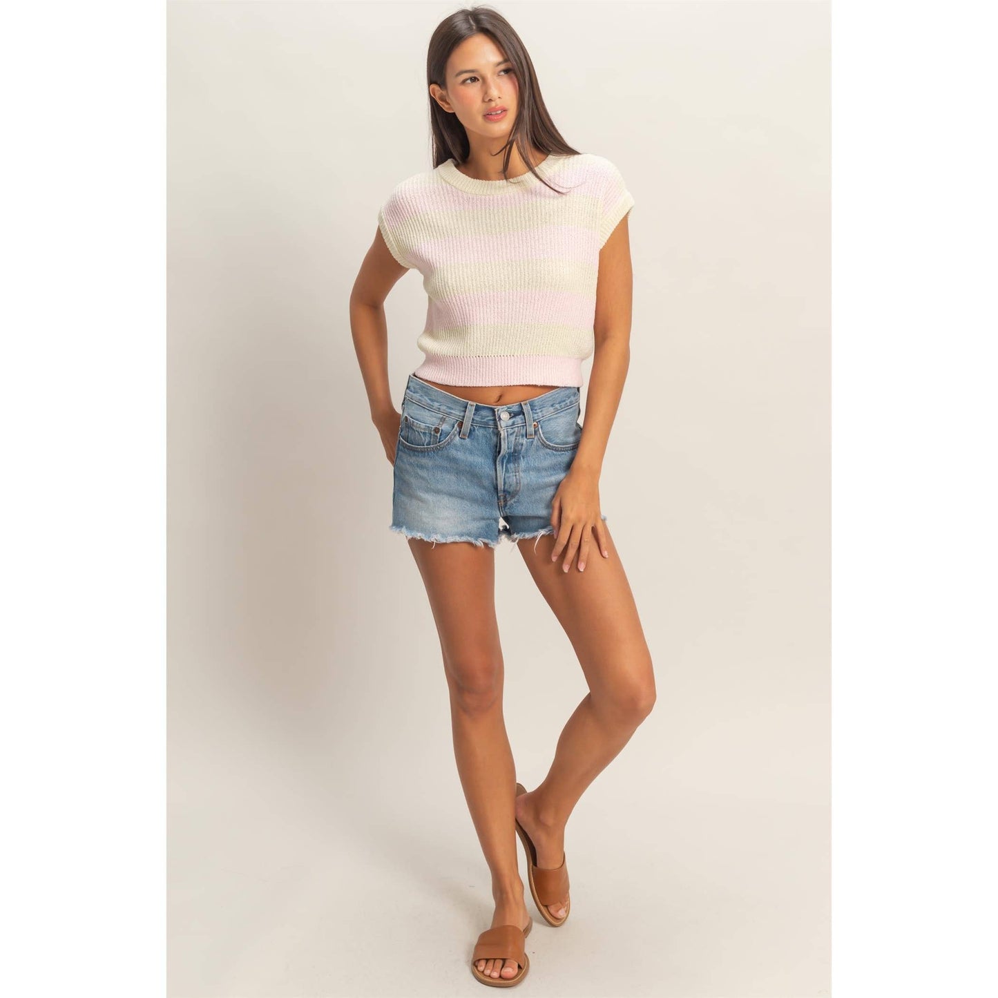 Striped Ribbed Knit Top: SOFT PINK